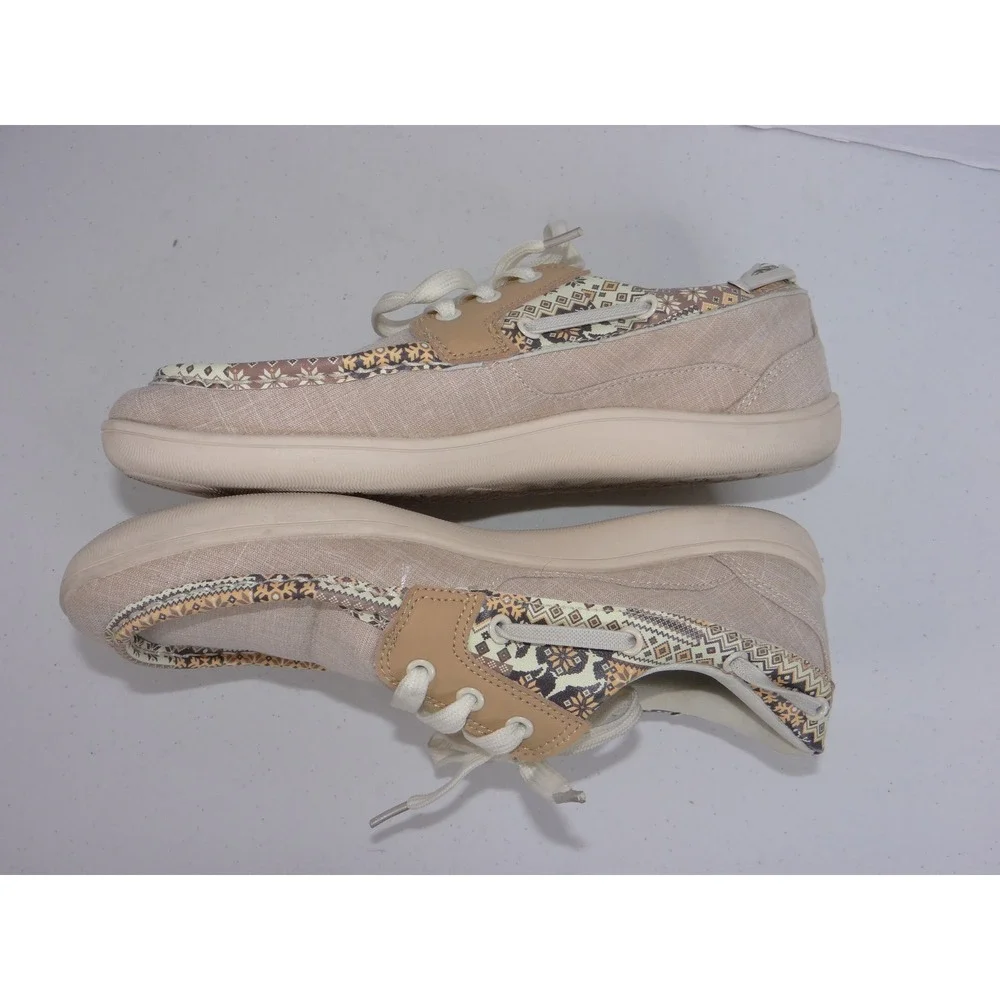 Womens Boat Shoes Tan Canvas Geometric Pattern Trim Moccasins 3771